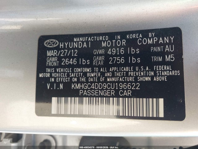 45034378 :رقم المزاد ، KMHGC4DD9CU196622 vin ، 2012 Hyundai Genesis 3.8 مزاد بيع