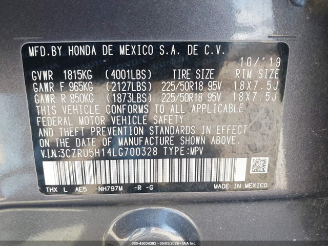45034382 :رقم المزاد ، 3CZRU5H14LG700328 vin ، 2020 Honda Hr-v 2wd Sport مزاد بيع