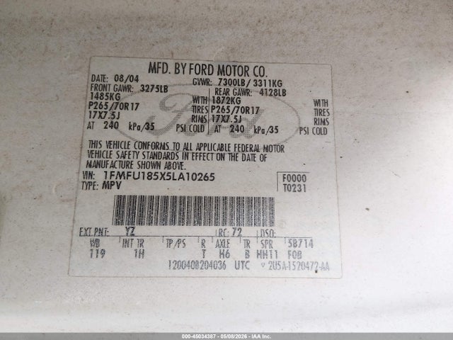 Продаж на аукціоні авто 2005 Ford Expedition Eddie Bauer, vin: 1FMFU185X5LA10265, номер лоту: 45034387