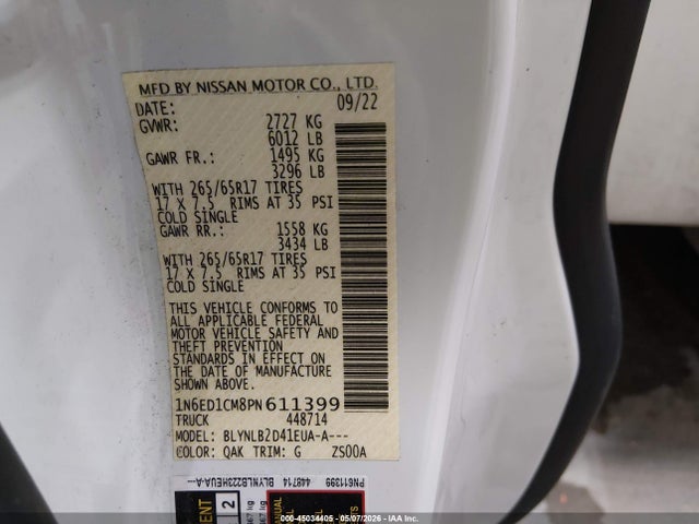 1N6ED1CM8PN611399 Nissan Frontier King Cab Sv 4x4