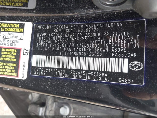 45034407 :رقم المزاد ، 4T1G11BK0RU126652 vin ، 2024 Toyota Camry Se مزاد بيع