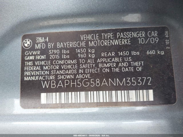 2010 Bmw 328i მანქანა იყიდება აუქციონზე, vin: WBAPH5G58ANM35372, აუქციონის ნომერი: 45034411