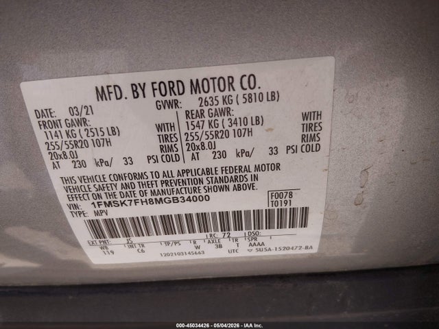 Продаж на аукціоні авто 2021 Ford Explorer Limited, vin: 1FMSK7FH8MGB34000, номер лоту: 45034426
