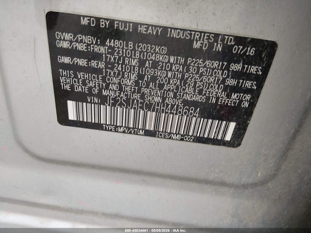 45034461 :رقم المزاد ، JF2SJAEC7HH448684 vin ، 2017 Subaru Forester 2.5i Premium مزاد بيع