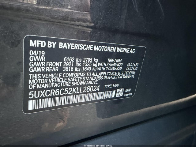 Auction sale of the 2019 Bmw X5 Xdrive40i, vin: 5UXCR6C52KLL26024, lot number: 45034462