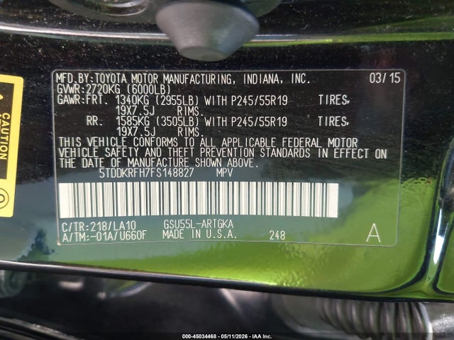 Toyota Highlander Limited V6 2015 5TDDKRFH7FS148827 Image 9
