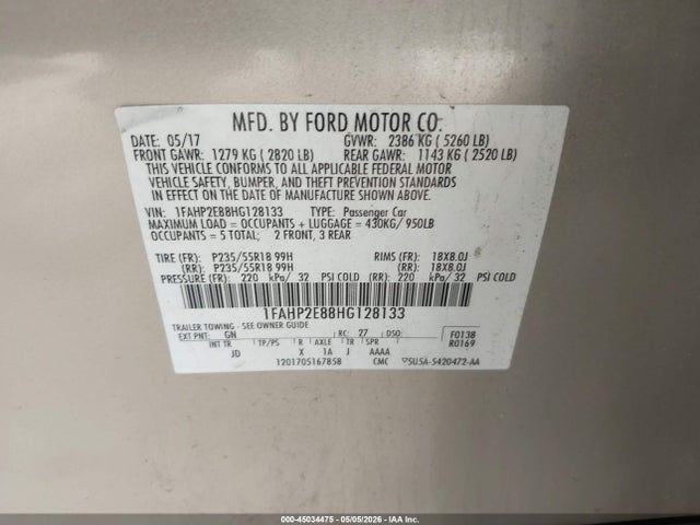 45034475 :رقم المزاد ، 1FAHP2E88HG128133 vin ، 2017 Ford Taurus Sel مزاد بيع