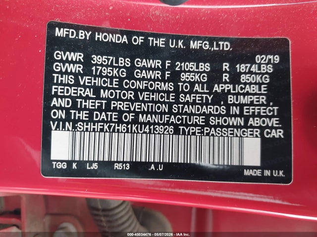 2019 Honda Civic Ex მანქანა იყიდება აუქციონზე, vin: SHHFK7H61KU413926, აუქციონის ნომერი: 45034476