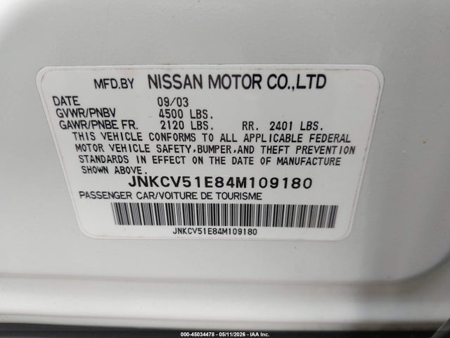 2004 Infiniti G35 მანქანა იყიდება აუქციონზე, vin: JNKCV51E84M109180, აუქციონის ნომერი: 45034478
