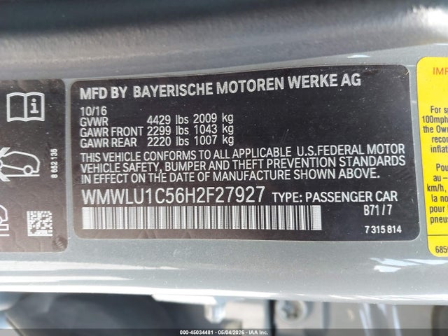 Aukcja sprzedaży 2017 Mini Clubman Cooper, vin: WMWLU1C56H2F27927, numer aukcji: 45034481