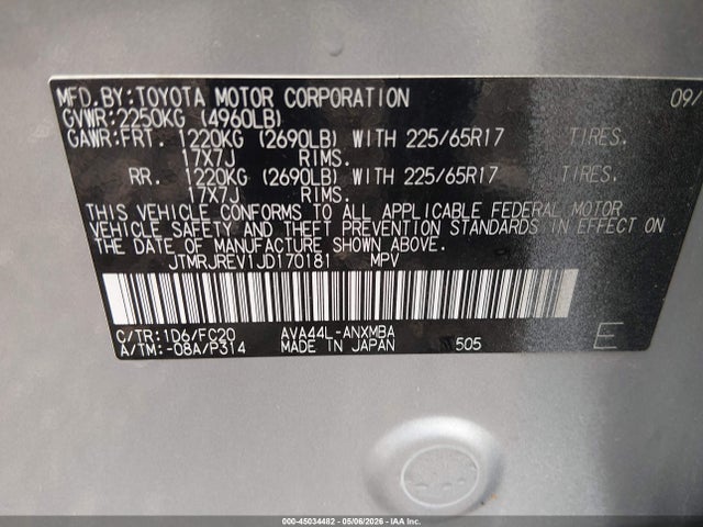 Продаж на аукціоні авто 2018 Toyota Rav4 Hybrid Xle, vin: JTMRJREV1JD170181, номер лоту: 45034482