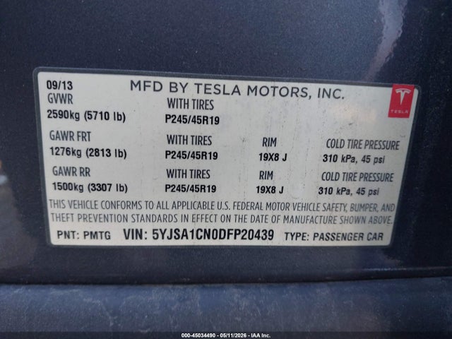 45034490 :رقم المزاد ، 5YJSA1CN0DFP20439 vin ، 2013 Tesla Model S مزاد بيع