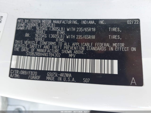 Auction sale of the 2022 Toyota Highlander Le, vin: 5TDBZRBH4NS194302, lot number: 45034501