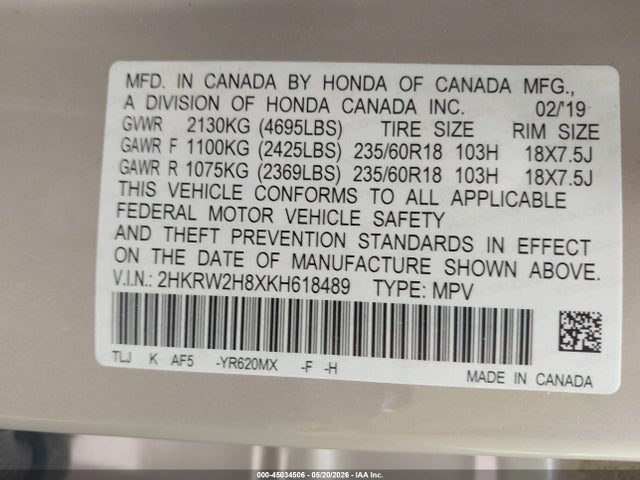 Honda Cr-v Ex-l 2019 2HKRW2H8XKH618489 Image 9