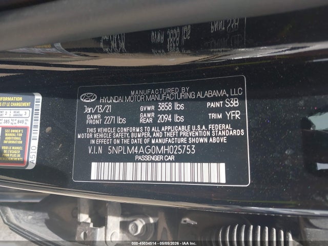 Aukcja sprzedaży 2021 Hyundai Elantra Sel, vin: 5NPLM4AG0MH025753, numer aukcji: 45034514