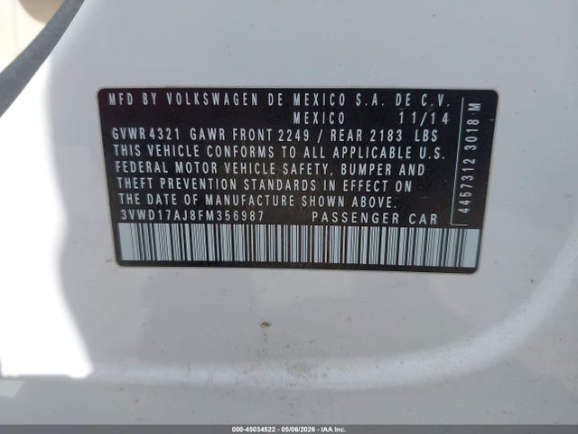 Продаж на аукціоні авто 2015 Volkswagen Jetta 1.8t Se, vin: 3VWD17AJ8FM356987, номер лоту: 45034522