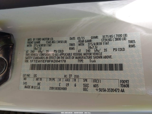 2015 Ford F-150 Lariat მანქანა იყიდება აუქციონზე, vin: 1FTEW1EF8FKD04178, აუქციონის ნომერი: 45034538