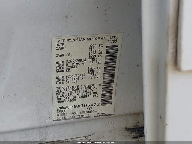 Aukcja sprzedaży 2010 Nissan Titan Se, vin: 1N6BA0EK6AN305472, numer aukcji: 45034540