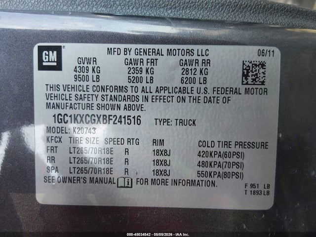 45034542 :رقم المزاد ، 1GC1KXCGXBF241516 vin ، 2011 Chevrolet Silverado 2500hd Lt مزاد بيع