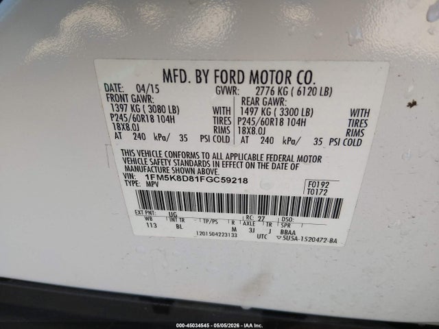 45034545 :رقم المزاد ، 1FM5K8D81FGC59218 vin ، 2015 Ford Explorer Xlt مزاد بيع