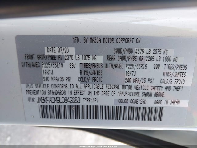 2020 Mazda Cx-5 Grand Touring მანქანა იყიდება აუქციონზე, vin: JM3KFADM9L0842888, აუქციონის ნომერი: 45034563
