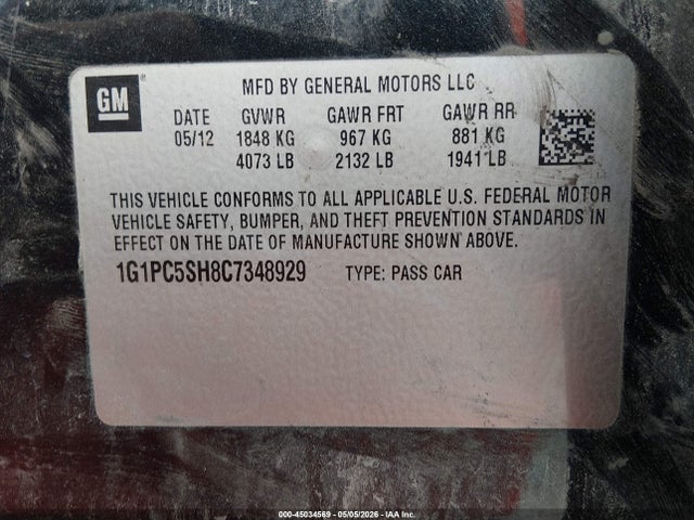 2012 Chevrolet Cruze Ls მანქანა იყიდება აუქციონზე, vin: 1G1PC5SH8C7348929, აუქციონის ნომერი: 45034569