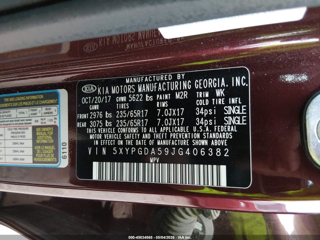 5XYPGDA59JG406382 KIA Sorento 3.3l Lx