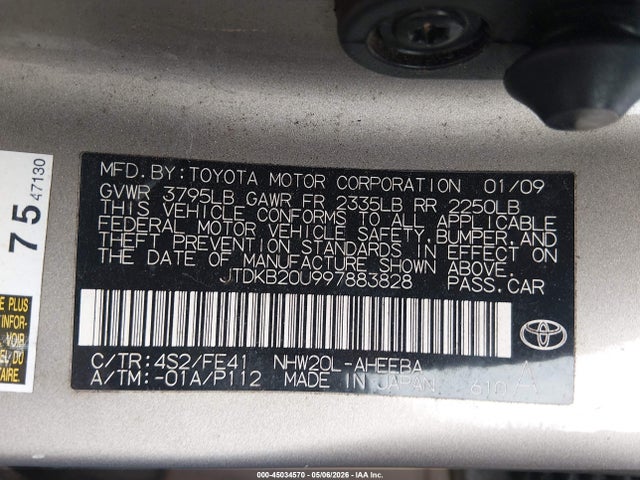 Aukcja sprzedaży 2009 Toyota Prius, vin: JTDKB20U997883828, numer aukcji: 45034570