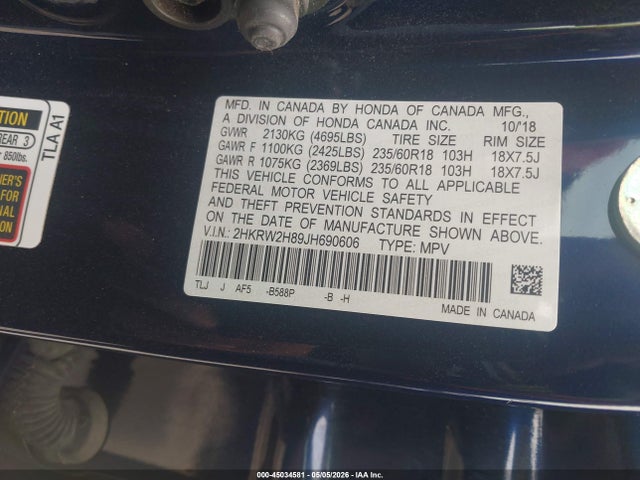 2018 Honda Cr-v Ex-l/ex-l Navi მანქანა იყიდება აუქციონზე, vin: 2HKRW2H89JH690606, აუქციონის ნომერი: 45034581