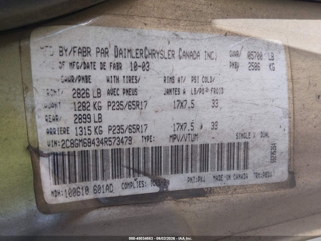 Auction sale of the 2004 Chrysler Pacifica, vin: 2C8GM68434R573479, lot number: 45034583