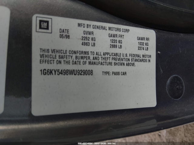 Aukcja sprzedaży 1998 Cadillac Seville Sts, vin: 1G6KY5498WU929008, numer aukcji: 45034584