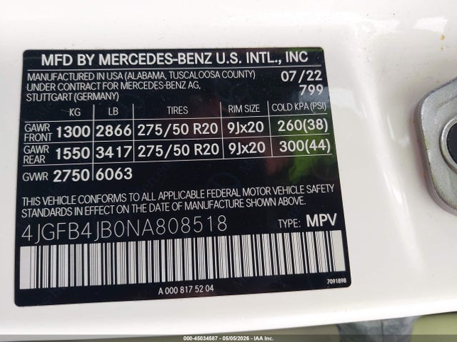 2022 Mercedes-benz Gle 350 მანქანა იყიდება აუქციონზე, vin: 4JGFB4JB0NA808518, აუქციონის ნომერი: 45034587