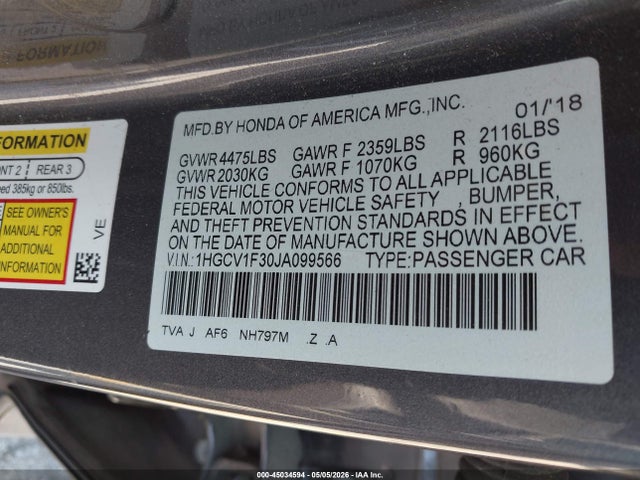 Aukcja sprzedaży 2018 Honda Accord Sport, vin: 1HGCV1F30JA099566, numer aukcji: 45034594