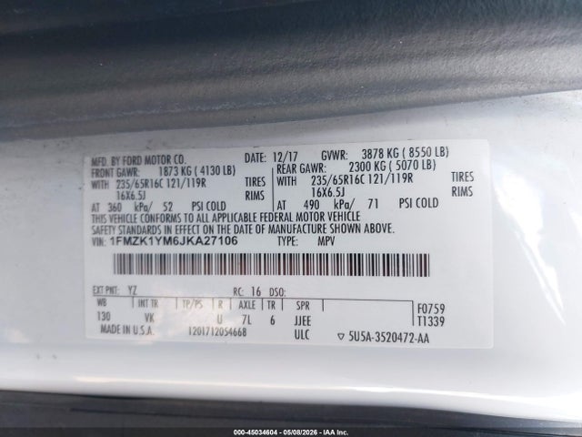 Aukcja sprzedaży 2018 Ford Transit-150 Xl, vin: 1FMZK1YM6JKA27106, numer aukcji: 45034604