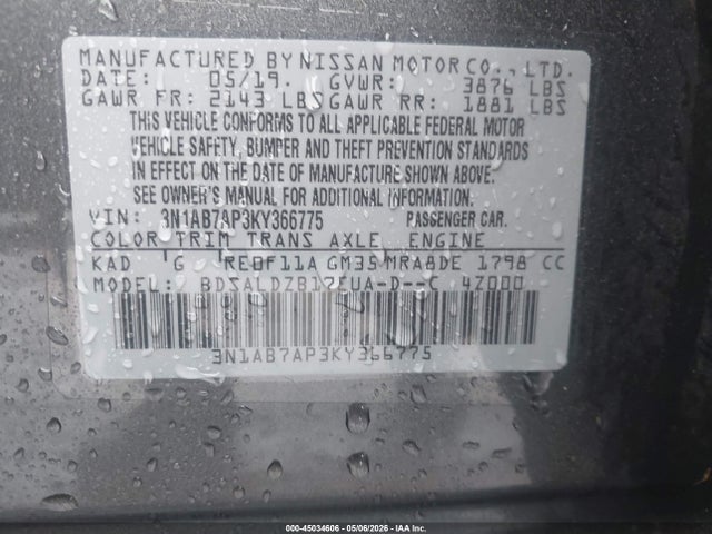 Aukcja sprzedaży 2019 Nissan Sentra Sv, vin: 3N1AB7AP3KY366775, numer aukcji: 45034606