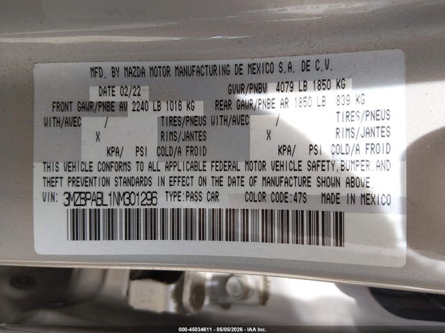 Продаж на аукціоні авто 2022 Mazda Mazda3 Select, vin: 3MZBPABL1NM301296, номер лоту: 45034611