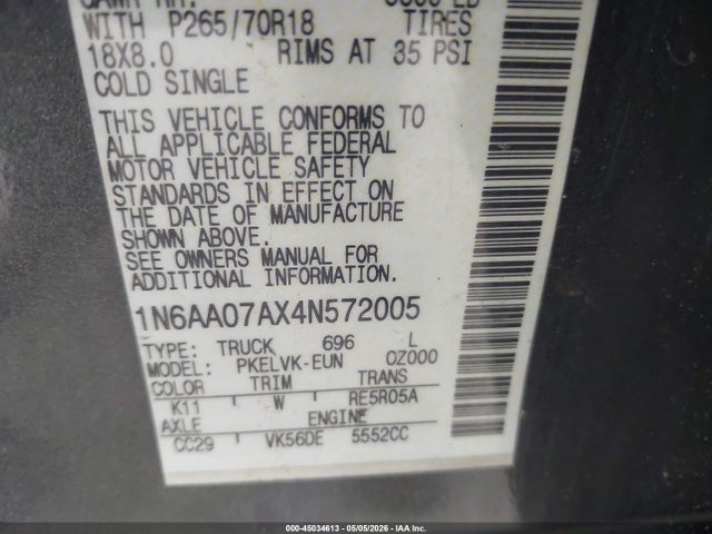 Продаж на аукціоні авто 2004 Nissan Titan Le, vin: 1N6AA07AX4N572005, номер лоту: 45034613
