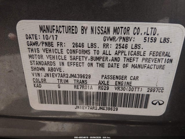 Aukcja sprzedaży 2018 Infiniti Q50 3.0t Luxe, vin: JN1EV7AR2JM439629, numer aukcji: 45034619