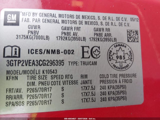 Aukcja sprzedaży 2012 Gmc Sierra 1500 Sle, vin: 3GTP2VEA3CG296395, numer aukcji: 45034627