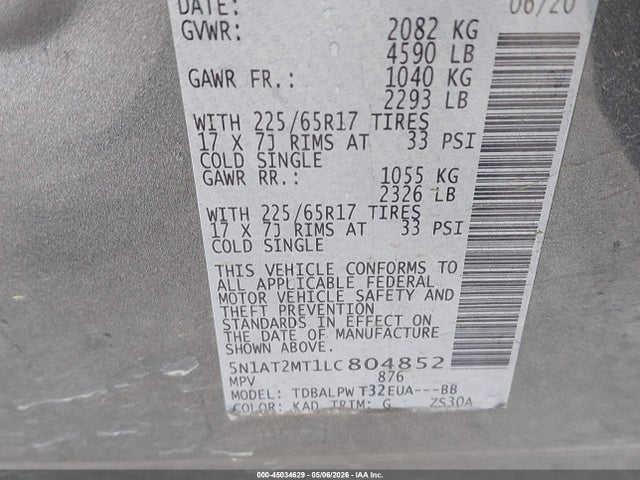 45034629 :رقم المزاد ، 5N1AT2MT1LC804852 vin ، 2020 Nissan Rogue S Fwd مزاد بيع
