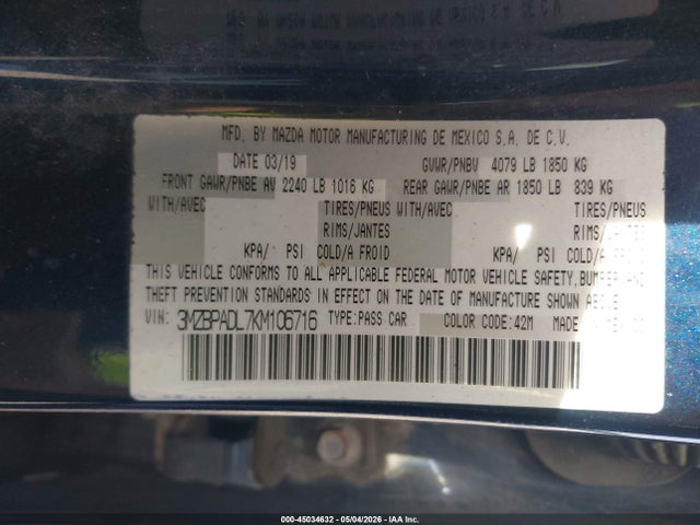 Aukcja sprzedaży 2019 Mazda Mazda3 Preferred Package, vin: 3MZBPADL7KM106716, numer aukcji: 45034632