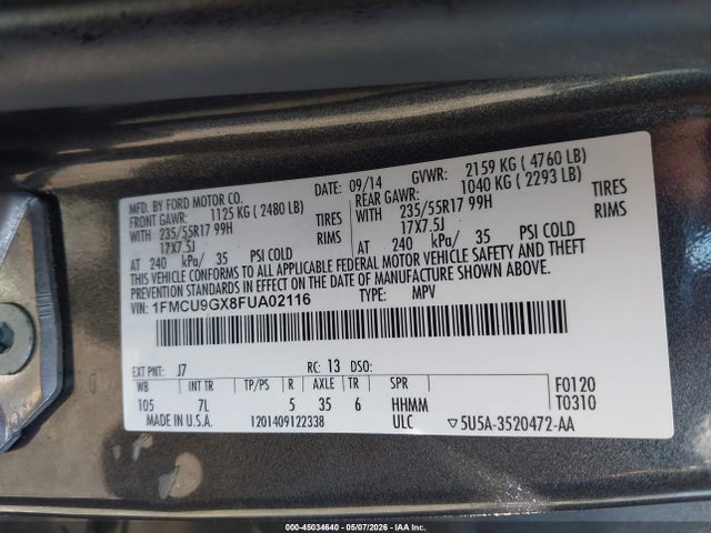 Aukcja sprzedaży 2015 Ford Escape Se, vin: 1FMCU9GX8FUA02116, numer aukcji: 45034640
