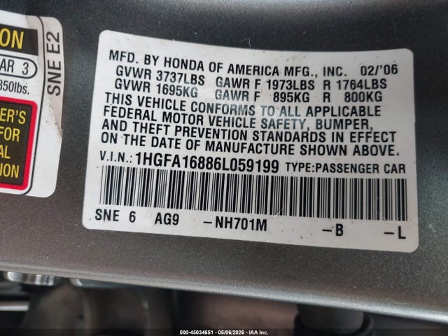 Aukcja sprzedaży 2006 Honda Civic Ex, vin: 1HGFA16886L059199, numer aukcji: 45034651