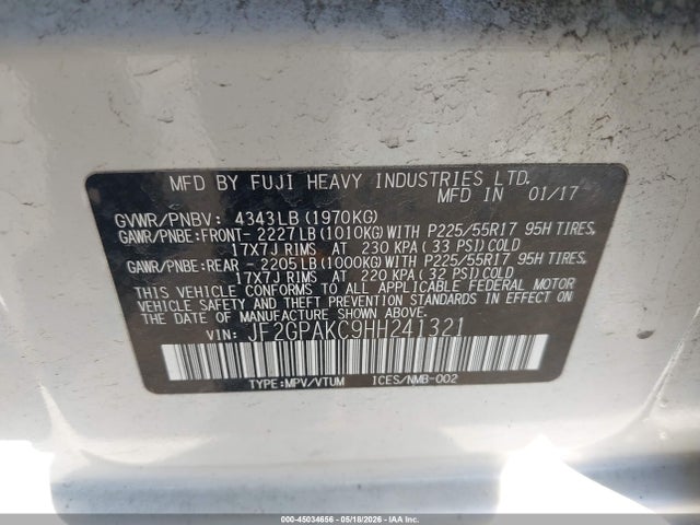Продаж на аукціоні авто 2017 Subaru Crosstrek 2.0i Limited, vin: JF2GPAKC9HH241321, номер лоту: 45034656