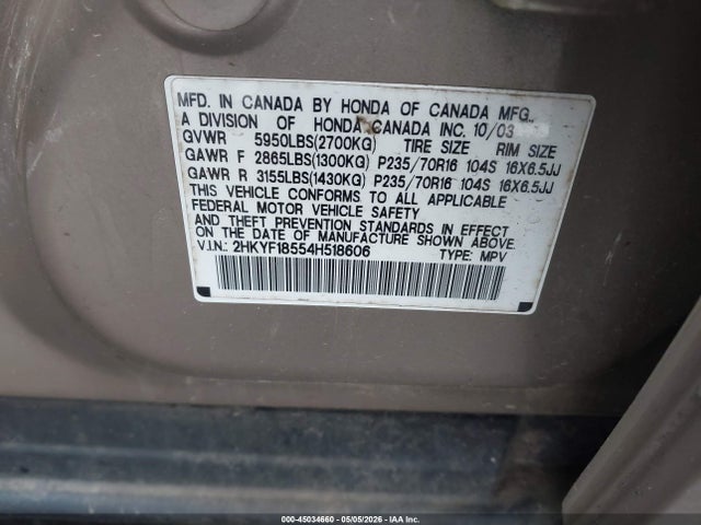 45034660 :رقم المزاد ، 2HKYF18554H518606 vin ، 2004 Honda Pilot Ex-l مزاد بيع