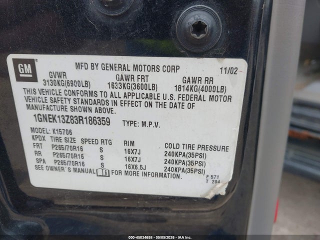 45034658 :رقم المزاد ، 1GNEK13Z83R186359 vin ، 2003 Chevrolet Tahoe Lt مزاد بيع