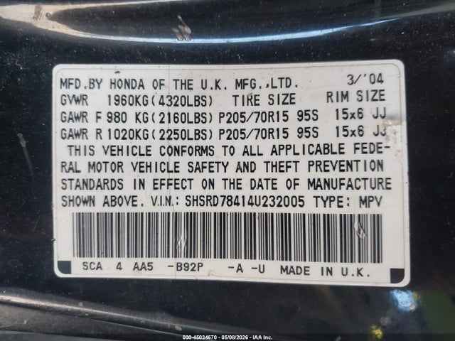 Продажа на аукционе авто 2004 Honda Cr-v Lx, vin: SHSRD78414U232005, номер лота: 45034670