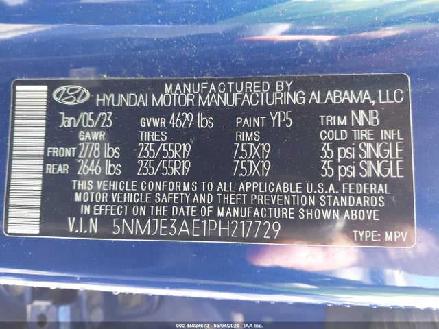 45034673 :رقم المزاد ، 5NMJE3AE1PH217729 vin ، 2023 Hyundai Tucson Limited مزاد بيع