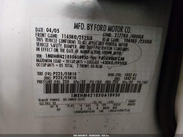 Aukcja sprzedaży 2005 Mercury Montego Premier, vin: 1MEHM42185G618930, numer aukcji: 45034678