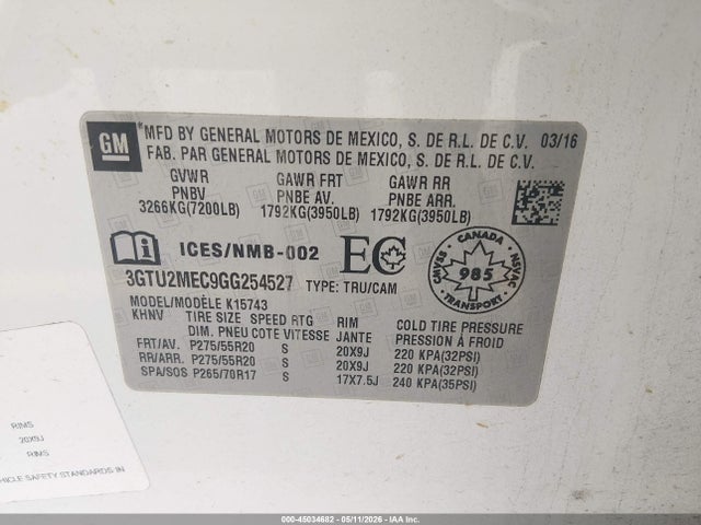 Aukcja sprzedaży 2016 Gmc Sierra 1500 Sle, vin: 3GTU2MEC9GG254527, numer aukcji: 45034682